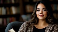 Young Hispanic woman with long wavy brown hair and natural makeup smiling confidently while relaxing in library or home office setting wearing cozy knit cardigan.