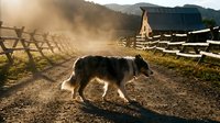 Border collie dog walking on dusty rural farm road with wooden fence and mountains in golden sunset light creating atmospheric countryside scene.