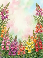 Watercolor snapdragon flowers in pink, purple, yellow and red framing a soft pastel background, perfect for greeting cards and wall art.