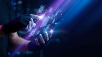 Businessman hands holding smartphone with digital security shield and cyber protection icons floating above screen in futuristic blue purple lighting.