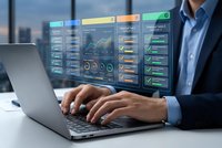 Professional businessman analyzing financial data on laptop with holographic dashboard interface displaying charts and analytics in modern office.
