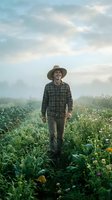 Farmer in plaid shirt and straw hat walking through misty morning vegetable field at dawn, suitable for agriculture and rural lifestyle content.