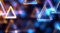 Glowing neon triangles with blue and orange light effects on dark background create futuristic geometric pattern for technology and digital design concepts.