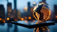 Glowing digital globe with golden lights on smartphone screen against blurred city skyline at dusk, representing global connectivity and technology innovation.