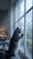 Gray fluffy cat with blue eyes standing on hind legs, paws on window, gazing outside on a rainy day in a cozy home interior.