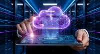Businessman hands holding tablet with glowing purple cloud computing hologram in modern data center server room for digital technology solutions.