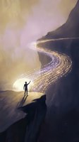 Man standing on cliff edge gazing at glowing magical light stream flowing through dark canyon landscape, surreal fantasy scene for adventure and inspiration concepts.