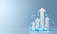 White ascending arrows with glowing blue particles on light background, representing growth, success and upward momentum in business analytics and performance.