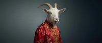 Surreal portrait of person with white goat head wearing ornate red traditional jacket against dark gradient background for creative projects.