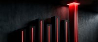 Glowing red neon bar chart showing upward growth trend on dark textured wall, representing business success, financial increase, and data analytics for corporate presentations.