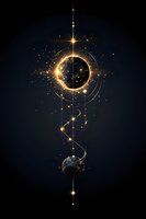 Mystical golden lunar eclipse with glowing stars and geometric elements on dark background, connected by flowing light path creating spiritual celestial art piece.