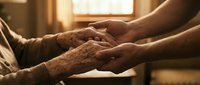 Young person gently holds wrinkled elderly hands in warm indoor light, conveying care, empathy, and support across generations.