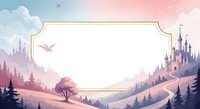 Fairy tale landscape with ornate frame, castle silhouette, mountains and pink sky. Fantasy background template for invitations, cards and romantic designs.