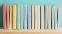 Row of pastel colored books arranged on wooden shelf against turquoise wall creating minimalist literary display for education and reading concepts.