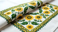 Traditional Ukrainian embroidered tablecloth with sunflower motifs and geometric border patterns on white linen fabric for home decor and cultural celebrations.