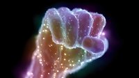 Glowing neon fist silhouette with sparkles and light trails against black background, multicolored gradient from purple to orange creates powerful resistance symbol.