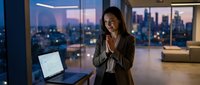 Young professional woman in business attire working in modern high-rise office with city skyline view at dusk, laptop on desk, corporate environment.