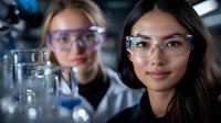 Young Asian female scientist in protective eyewear working in modern laboratory with colleague. Professional research team conducting chemical experiment analysis.