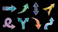 Colorful watercolor arrows in various directions including curved, straight, diagonal and double-headed styles. Isolated on transparent background, ready for clipart, t-shirt design, stickers, sublimation and print-on-demand projects.