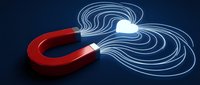 Red horseshoe magnet with glowing white magnetic field lines on dark blue background for physics education and scientific concepts.