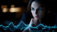 Young Caucasian businesswoman analyzing glowing blue digital data visualization charts and graphs in dark office environment for financial technology presentations.