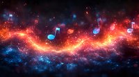 Glowing musical notes float through cosmic space with vibrant red and blue nebula clouds, creating magical celestial symphony against starry background.