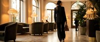 Professional businesswoman walking through elegant hotel lobby with warm lighting and luxury interior design for corporate travel concepts.