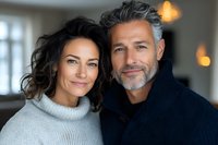 Happy mature couple embracing at home, middle-aged man and woman in cozy sweaters smiling together in warm indoor setting with soft lighting.