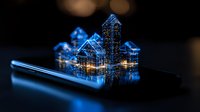 Futuristic holographic city buildings emerging from smartphone screen in blue light, digital transformation concept showing smart city technology and innovation.