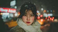 Young Asian woman with red lips wearing cozy scarf in snowy night city with blurred lights and traffic in background.