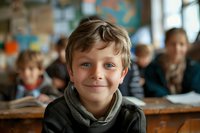Young boy with bright blue eyes and gentle smile wearing gray sweater in classroom setting with blurred students in background. Natural lighting creates warm atmosphere.