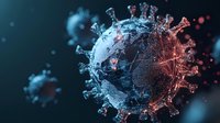 Microscopic virus cell structure with spiky surface proteins glowing in blue and red against dark background, showing detailed molecular biology visualization.