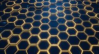 Abstract hexagonal honeycomb pattern with golden glowing edges on dark blue background. Modern geometric design for technology, science, digital concepts.