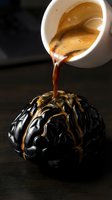 Fresh espresso pouring from white cup onto black brain sculpture, creative conceptual shot symbolizing caffeine boost, mental energy and productivity for beverage and wellness marketing.