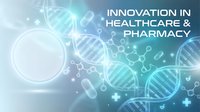 Medical innovation concept with DNA helix structures and molecular chains on blue gradient background for healthcare technology presentations.