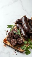 Homemade blood sausage with herbs and spices on wooden cutting board. Traditional European delicatessen meat product for gourmet cooking and culinary projects.
