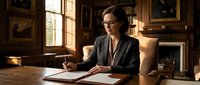 Woman with brown hair and fair complexion, wearing glasses and dark blazer, writing at wooden desk in elegant study room with framed artwork and natural light from window. Professional setting for business, education, writing, or office concepts.