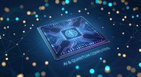 Futuristic AI quantum computing processor chip with glowing blue circuits and neural network connections on dark background with bokeh lights.
