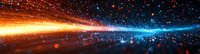 Glowing orange and blue light trails with sparkling particles create dynamic motion effect against dark background with bokeh elements and starry atmosphere.