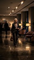 Confident blonde businesswoman walking through luxury hotel lobby with leather bag, wearing professional suit in elegant corporate environment.