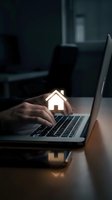 Hands typing on laptop with glowing house icon representing online real estate search, property investment, or home buying technology in modern office setting.
