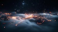 Mystical night landscape with glowing orange lights scattered across foggy terrain against starry sky background, creating ethereal atmospheric scene.