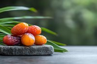 Fresh dates fruit on stone plate with palm leaves natural organic healthy snack tropical food nutrition wellness lifestyle background space for text.
