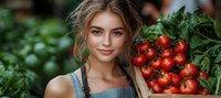 Young woman in denim overalls holding fresh organic produce at farmers market, with bright red tomatoes and leafy greens in wooden crate, natural lighting.