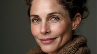 Portrait of mature Caucasian woman with natural beauty, curly hair, and warm smile wearing brown knit sweater against dark background.