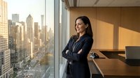 Confident businesswoman with crossed arms standing by floor-to-ceiling window overlooking city skyline in modern office, wearing dark blazer, professional corporate environment.