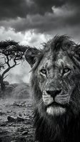 Majestic male lion portrait in black and white with dramatic stormy sky and acacia tree in African savanna landscape for wildlife photography projects.