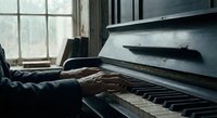 Hands playing piano keys in cozy room with natural window light creating peaceful musical atmosphere for relaxation and creative expression.