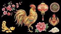 Rooster with cherry blossoms, peonies, lanterns, gold coins, and cloud motifs isolated on transparent background. Ready for t-shirt design, clipart, stickers, sublimation, and print-on-demand products.