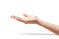 Female hand with open palm in giving or receiving gesture isolated on white background, clean skin showing care and elegance.
